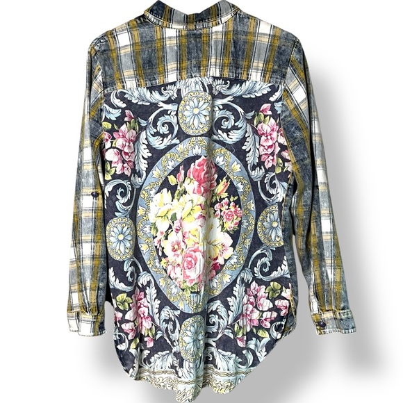 ARATTA SILENT JOURNEY Cotton Blend Button Front Mixed Print Shirt Roll Tab Sz L - Picture 4 of 13